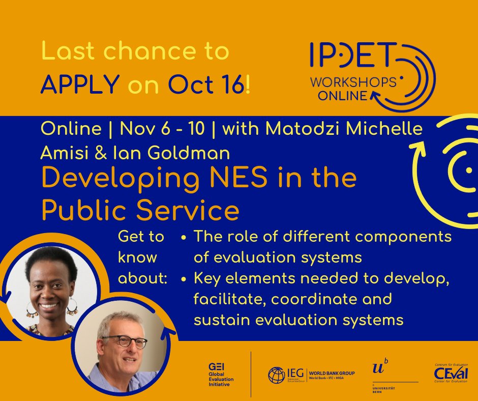 IPDET (@ipdet_community) on Twitter photo Check out the IPDET Online Workshop "Developing National Evaluation Systems in the Public Service" with <a href="/AmisiMatodzi/">Matodzi Amisi</a> & <a href="/iangoldmansa/">Ian Goldman</a>!
Details: lnkd.in/gtuhHcSK
APPLY in 2 steps
1. Log in here: bit.ly/IPDET_login
2. Under “My IPDET” follow “APPLY FOR THE PROGRAM” Check out the IPDET Online Workshop "Developing National Evaluation Systems in the Public Service" with <a href="/AmisiMatodzi/">Matodzi Amisi</a> & <a href="/iangoldmansa/">Ian Goldman</a>!
Details: lnkd.in/gtuhHcSK
APPLY in 2 steps
1. Log in here: bit.ly/IPDET_login
2. Under “My IPDET” follow “APPLY FOR THE PROGRAM”