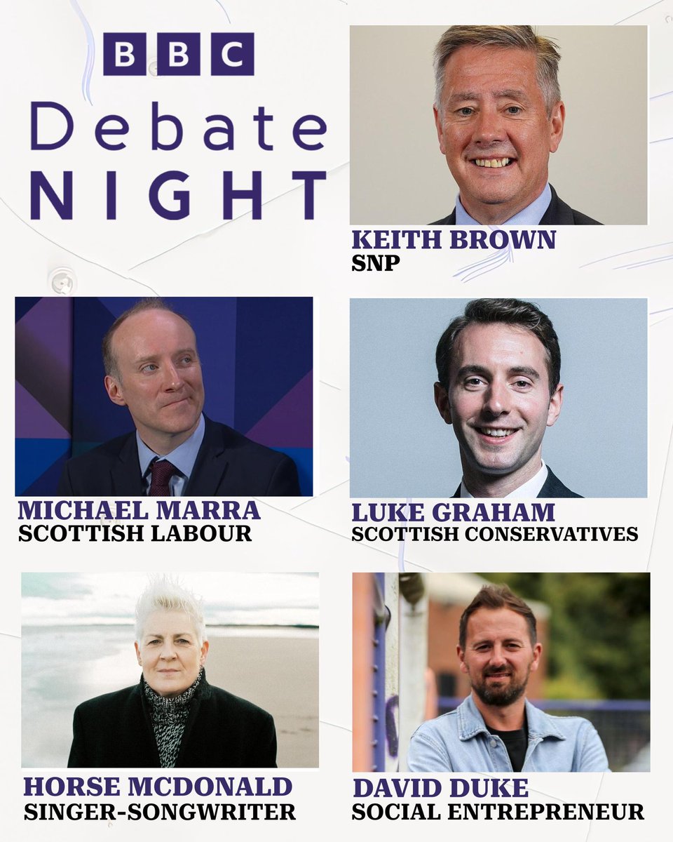 On Debate Night tonight, Stephen will be joined by @KeithBrownSNP, @michaeljmarra, @LukeGrahamUK, @horsemusic and @MrDavidDuke Join us and an audience from Perth on @BBCScotland at 10.30pm #bbcdn