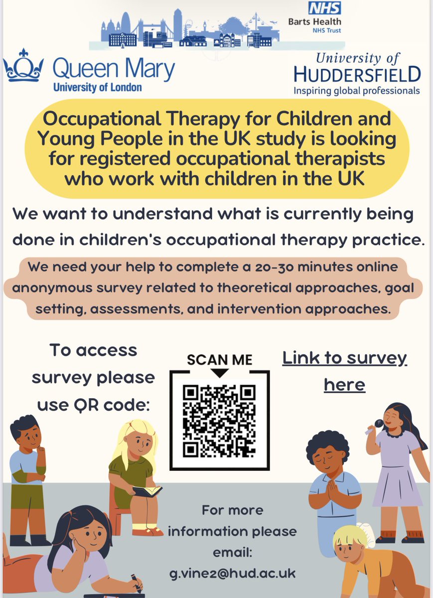 **Calling Paediatric Occupational Therapists ** We need your help to understand what assessments and interventions we deliver in the UK. This will help us and will help you with discussions with commissioners and research bodies. huddersfieldbss.eu.qualtrics.com/jfe/form/SV_6x…