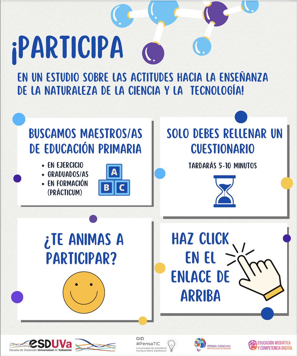 🔎Se buscan maestros y maestras de Educación Primaria en ejercicio, graduados/as o en prácticum para un estudio en el marco de mi tesis doctoral.

😉¿Te animas a participar? Tú ayuda es esencial 🙏🏽

📢¡Ayúdanos a difundir! RT 🔄 y LIKE ❤️

🔗 forms.office.com/e/c7UrJT6fB0
