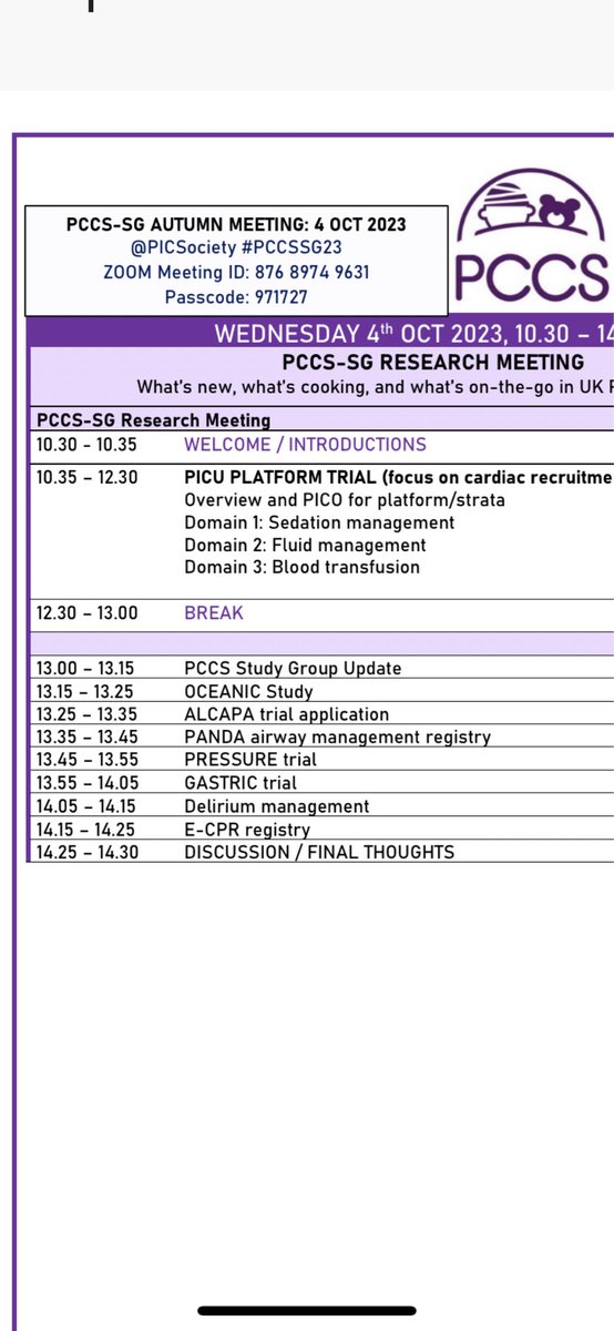 Less than 2 hr to go to the Autumn @PICSociety #pccssg meeting - discussions regarding a Platform Trial, updates on ongoing #PedsICU research and 🆕💡ideas! Details re:how to join on poster. Starts 1030 Uk time. @pus27 @lyvonnetume @katebrown220 @ICNARC @DavidHarrison80
