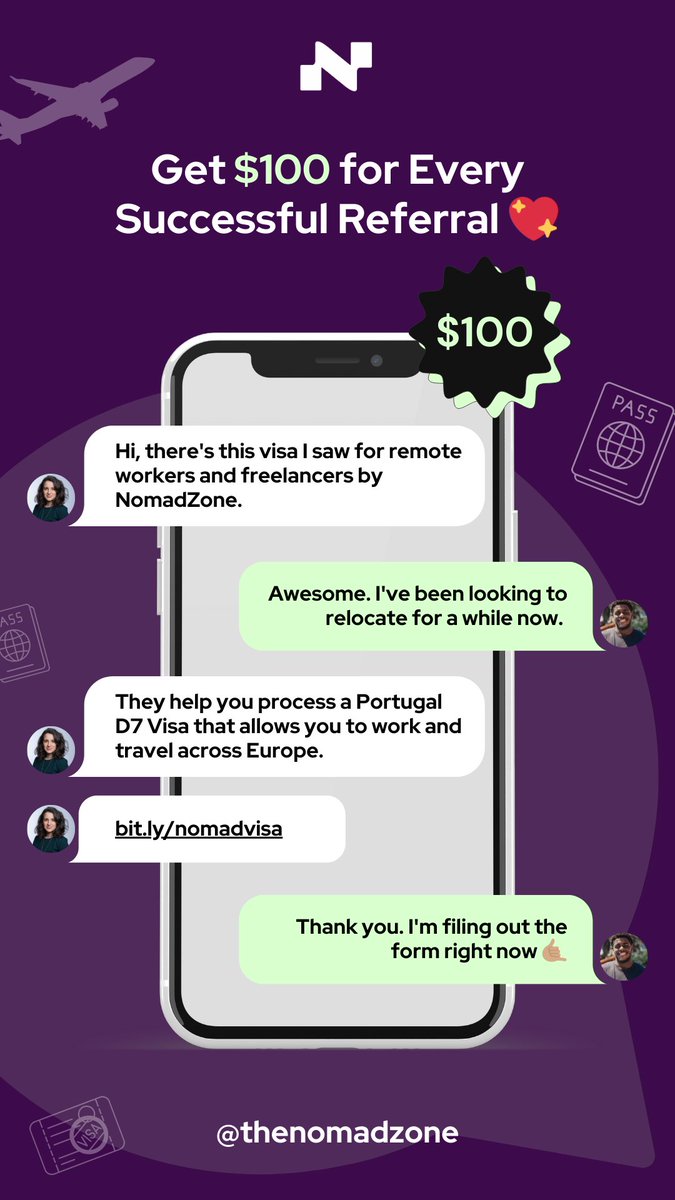 Today is Referral Wednesday on NomadZone.

Help a friend relocate to Portugal and receive $100. To begin, go here: forms.gle/FDRc377jcatuhR….

Visit thenomadzone.co for more locations 🇲🇹 🇵🇹🌍

#NomadZone #visa
