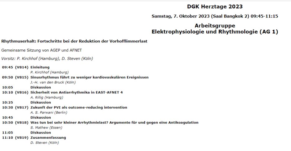 AFNET (@afnet_ev) on Twitter photo Excited about #DGKHerztage starting tomorrow in #Bonn! Don´t miss the session on #rhythmcontrol on Saturday, October 7 . #cardiology #Afib #epeeps #cardiotwitter #EastTrial #AFNET
<a href="/AGIKinterv/">AGIK</a> <a href="/AGEP_DGK/">AGEP</a> @JvdBruck <a href="/AndreasRillig/">Andreas Rillig</a> <a href="/SMathewi/">Shibu Mathew</a> <a href="/danielsteven_ep/">Daniel Steven</a> <a href="/DGK_org/">Deutsche Gesellschaft für Kardiologie</a> Excited about #DGKHerztage starting tomorrow in #Bonn! Don´t miss the session on #rhythmcontrol on Saturday, October 7 . #cardiology #Afib #epeeps #cardiotwitter #EastTrial #AFNET
<a href="/AGIKinterv/">AGIK</a> <a href="/AGEP_DGK/">AGEP</a> @JvdBruck <a href="/AndreasRillig/">Andreas Rillig</a> <a href="/SMathewi/">Shibu Mathew</a> <a href="/danielsteven_ep/">Daniel Steven</a> <a href="/DGK_org/">Deutsche Gesellschaft für Kardiologie</a>