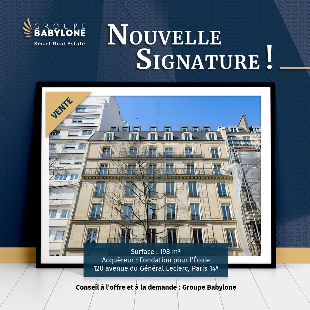 La Fondation Pour l'École vient d’acquérir une surface de bureaux de 198 m² (+ 2 parkings) au 120 avenue du Général Leclerc, Paris 14e.

Cette transaction a été réalisée par le département Paris QCA de Groupe Babylone, conseil des deux parties.