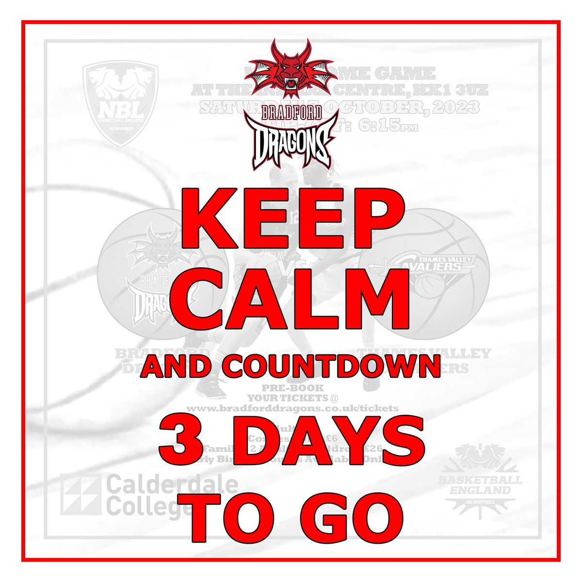 Just 3 days to go before the start of the 2023-24 National Basketball League Division One season. Prebook your tickets via bradforddragons.co.uk/tickets before midnight on Friday to receive your 20% early bird discount. #OneClubOneFamily #BradfordDragons #Basketball #nbl2324