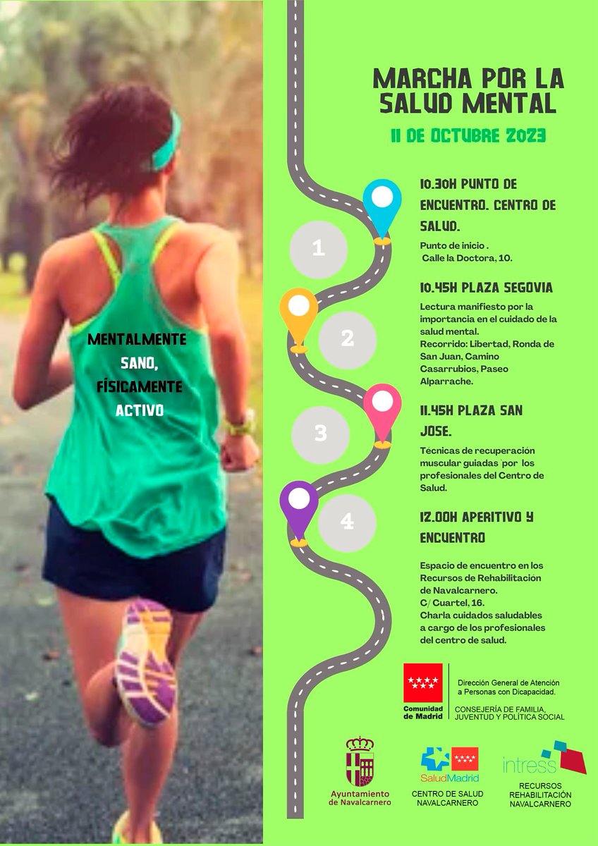 El próximo miércoles, 11 de octubre, Navalcarnero será escenario de una Marcha por la Salud Mental, que partirá, a las 10.30 horas de la puerta del Centro de Salud y seguirá, en la Plaza de Segovia, con una lectura de manifiesto, a las 10.45 horas. #navalcarneroporlasaludmental
