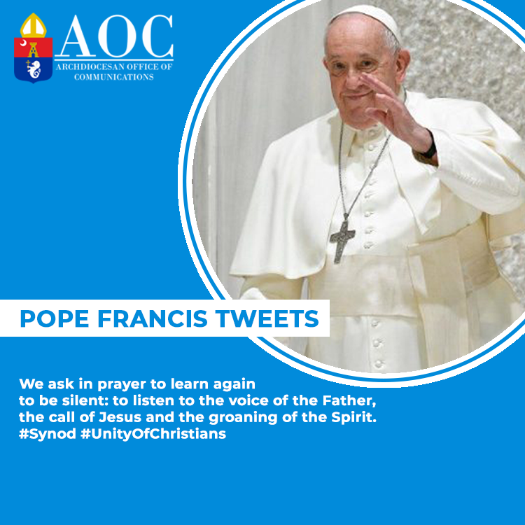 rcamaoc's tweet photo. POPE FRANCIS TWEETS || We ask in prayer to learn again to be silent: to listen to the voice of the Father, the call of Jesus and the groaning of the Spirit. #Synod #unityofchristians

#RCAM #AOC
#ArchdioceseOfManila https://t.co/lC7nYDNmzs