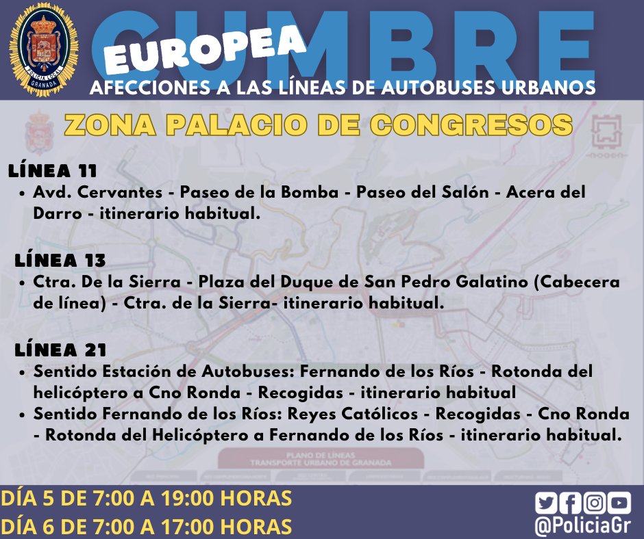 PoliciaGr's tweet photo. Desvíos de BUS URBANO 🚍 durante la Cumbre Europea 🇪🇺
En zona de Palacio de Congresos los desvíos serán jueves 5, de 7:00 a 19:00 y viernes 6, de 7:00 a 17:00 horas.
En zona Alhambra los desvíos serán solo el jueves 5, de 8:00 a 23:00 horas. https://t.co/MFDT39XUmN