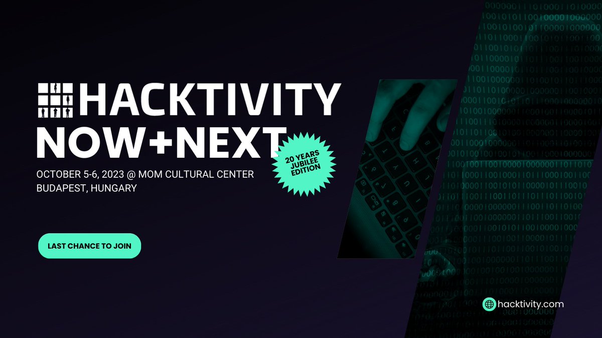 hacktivityconf's tweet image. 🔊 Last Call Alert! 🎉   

This is your final chance to snag your ticket to #Hacktivity2023! Don&apos;t miss out on this incredible opportunity to immerse yourself in the world of cybersecurity.    

🎟️🔒Secure your spot now before it&apos;s too late:  t.ly/GAzZa
 
#Hacktivity