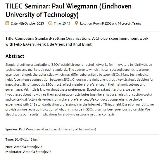 TILEC1's tweet photo. Join our #TILEC #Seminar on 'Competing Standard-Setting Organizations: A Choice Experiment' by Paul Wiegmann (@TUeindhoven).

📜:https://t.co/tVSq6a2ZwF

#AcademicTwitter #AcademicChatter https://t.co/7iPB2hFHet