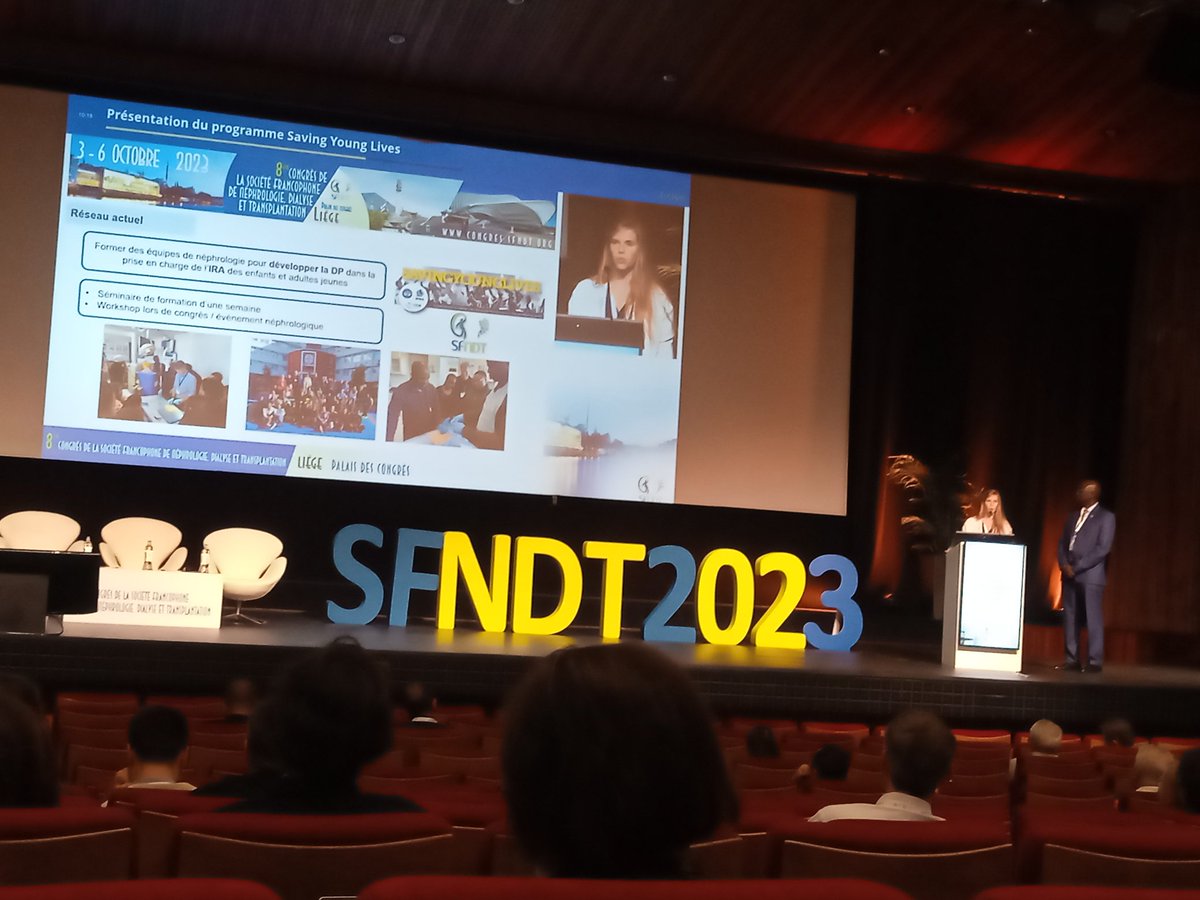 com_SFNDT's tweet photo. Pr @PrAniang et Annabel Boyer présentent en conférence plénière le programme Saving Young Lives auquel la SFNDT est fière de pouvoir s'associer aux côtés de @ISNkidneycare 
#SFNDT2023 https://t.co/BK84EfuEWt
