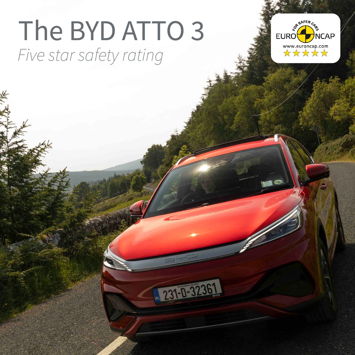 BYD_Ireland's tweet photo. Your family's safety is our top priority. With a coveted five-star safety rating from Euro NCAP, the BYD ATTO 3 proves itself as one of the safest cars on the road today. Drive with confidence and peace of mind! #BYDIreland #BYDAuto #BYDTech https://t.co/XMRLX5UA8W