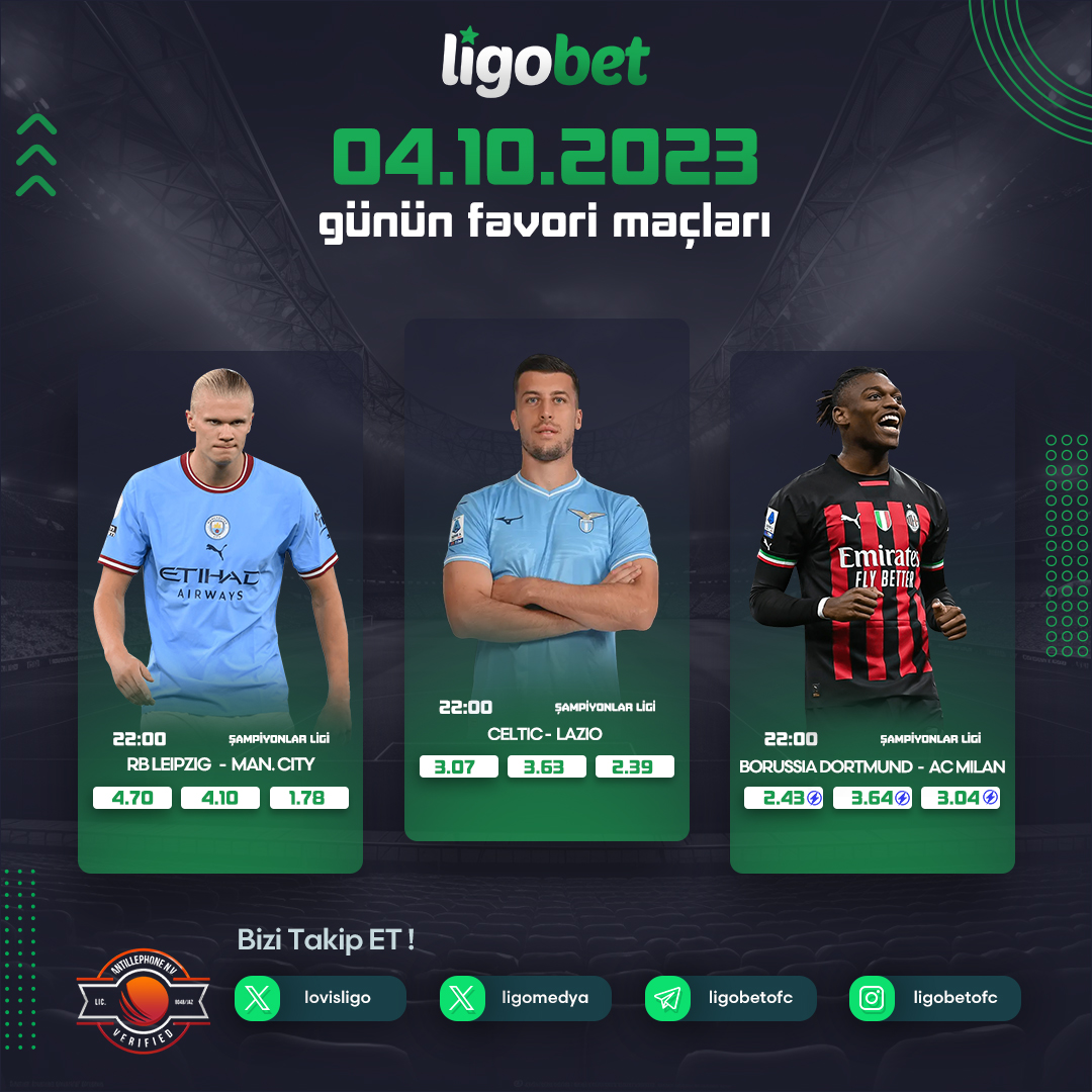 ligomedya's tweet photo. 🆒 #LİGOBET'TE GÜNÜN FAVORİ KARŞILAŞMALARI

⚽ #RBLeipzig 🆚 #ManCity
⚽ #Celtic 🆚 #Lazio
⚽ #BorussiaDortmund 🆚 #ACMilan

⬇️ LİGOBET İLE KAZANÇ YOLUNDAKİ MACERANIZ BAŞLASIN!

➡️  GÜNCEL GİRİŞ   (https://t.co/o29pWONL8p)⬅️ https://t.co/9JAYRvzjLd