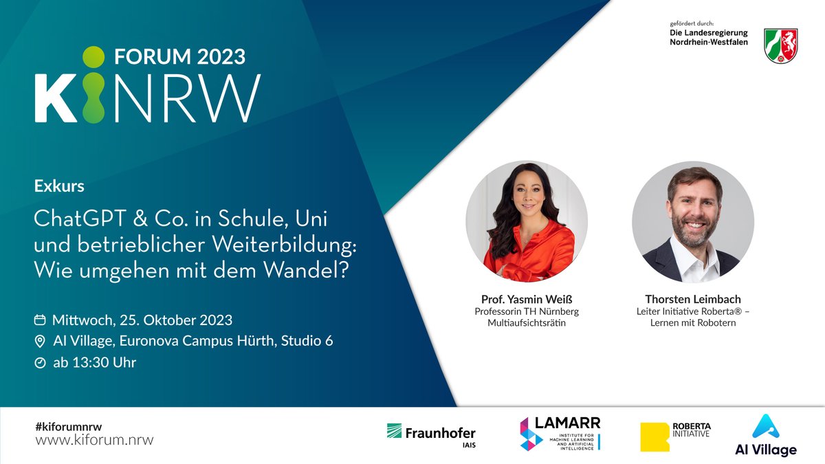 ChatGPT &amp; Co. in Schule, Uni und betrieblicher Weiterbildung: Welchen Einfluss hat Generative KI auf unser Bildungssystem? 👨‍🏫🏫

Darüber diskutieren beim KI.Forum 2023 Prof. Dr. Yasmin Weiß und Thorsten Leimbach.

Weitere Infos ➡️ kiforum.nrw