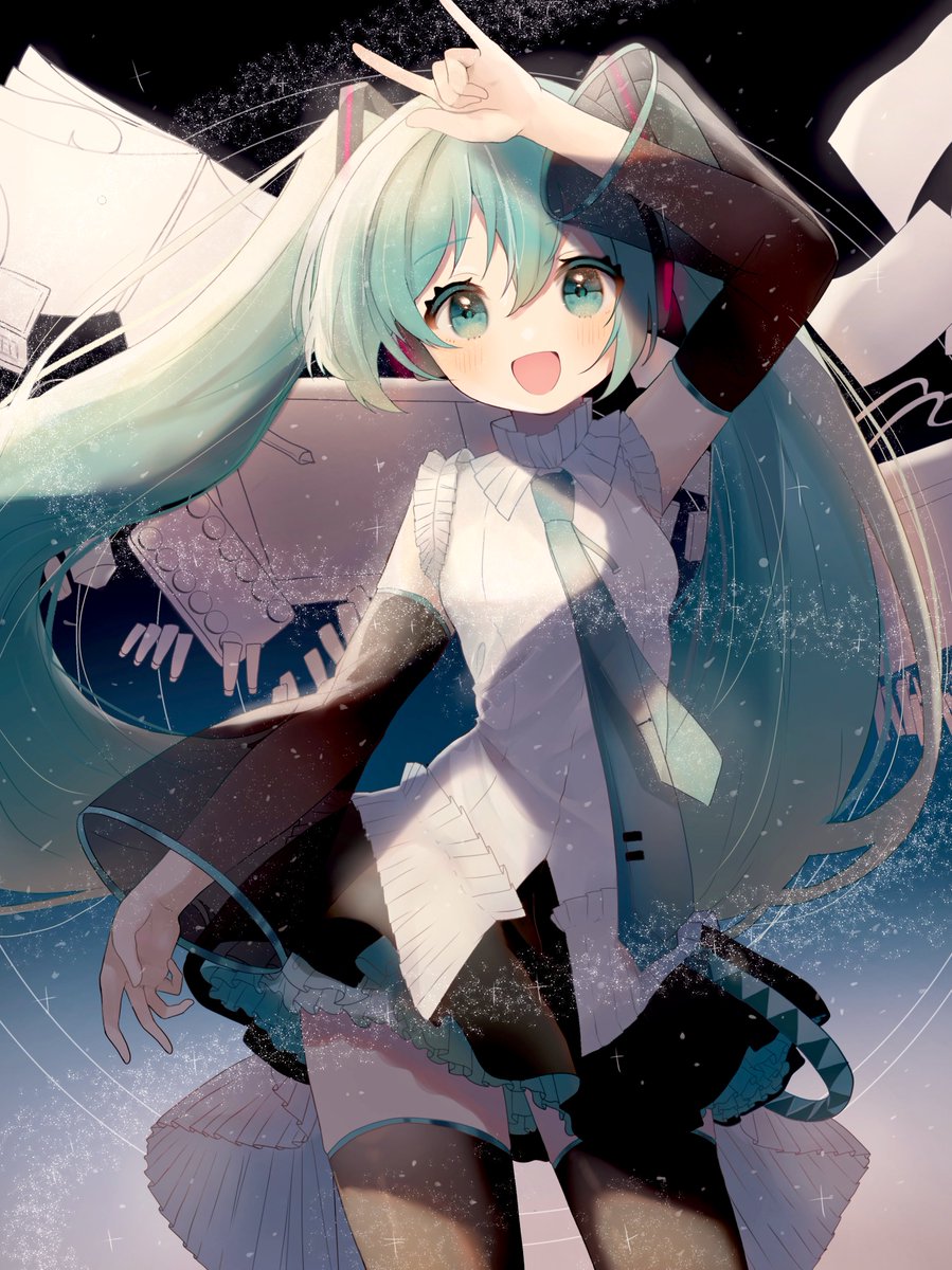 hatsune miku 1girl solo long hair skirt twintails detached sleeves necktie  illustration images