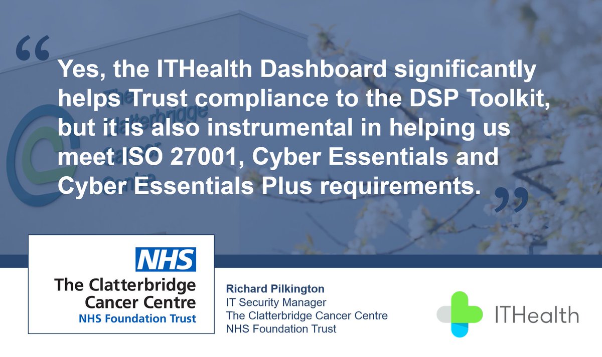 ITHealth (@ithealthuk) on Twitter photo 💬 We loved hearing this comment from #NHS IT Security Manager <a href="/CCCNHS/">The Clatterbridge Cancer Centre</a> at our at our User Forum last week. 👇🏻To learn more about how the #ITHealthDashboard can help your NHS organisation with #DSPT, #ISO27001 and CE+ requirements, get in touch➡️ ithealth.co.uk/talk-to-us/ 💬 We loved hearing this comment from #NHS IT Security Manager <a href="/CCCNHS/">The Clatterbridge Cancer Centre</a> at our at our User Forum last week. 👇🏻To learn more about how the #ITHealthDashboard can help your NHS organisation with #DSPT, #ISO27001 and CE+ requirements, get in touch➡️ ithealth.co.uk/talk-to-us/