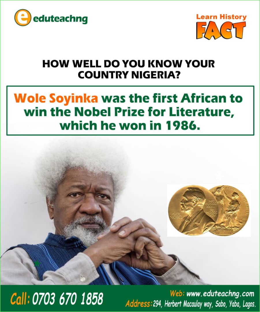 Eduteachng's tweet photo. Wole Soyinka was the first African to win the Nobel Prize for Literature, which he won in 1986.
Visit https://t.co/u1ZxlqdCCd to fill out a tutor form or to request qualified tutors.
#eduteachng #professionaltutors #History #Nigeria #tutorsinlagos #homelesson #onlinelearning https://t.co/Zyl449ZZvG