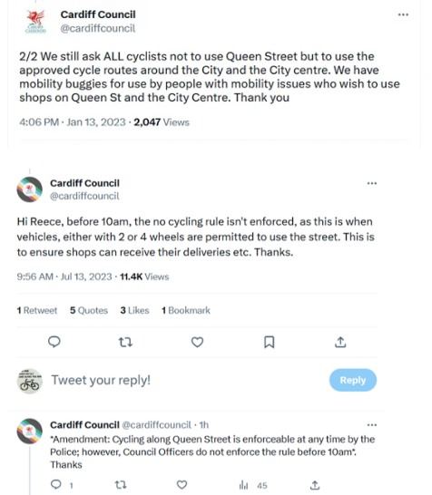 closepassescdf's tweet photo. @cardiffcouncil @SWPCardiff Is #OpCastor still targeting disabled cyclists who use their bikes as mobility aids? Which is potentially in breach of EA2010?

Can you confirm that cyclists can use Queen St before 10:00am, as you have previously stated? https://t.co/wTGuvDFWHd