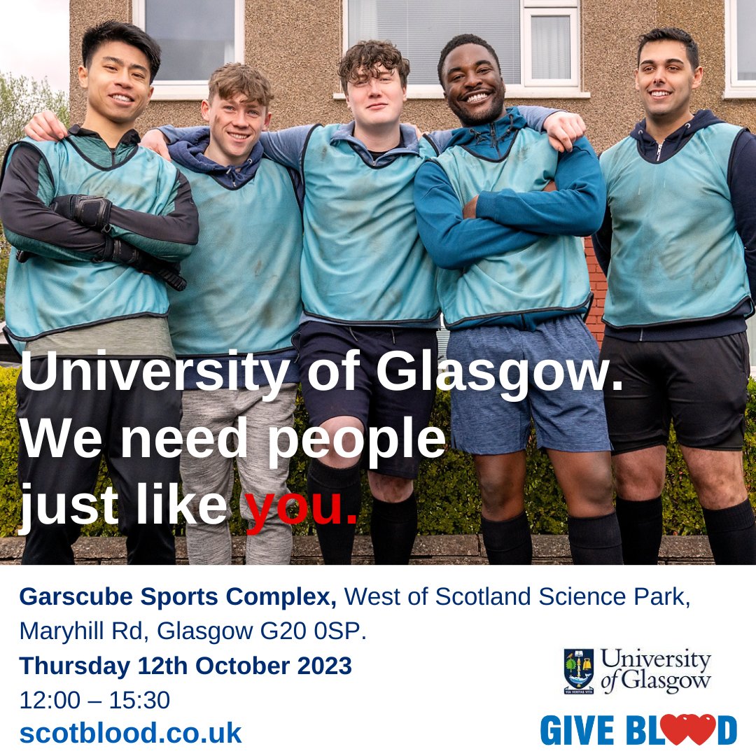 givebloodscot's tweet photo. Are you or anyone you know attending the @UofGlasgow  this year? Please tag them in this post.

We're delighted to be holding a give blood session at the Garscube campus, University of Glasgow, Thursday 12 October. 

Book your appointment now at https://t.co/FjkS2aNYEK https://t.co/2HL1TU1CwX