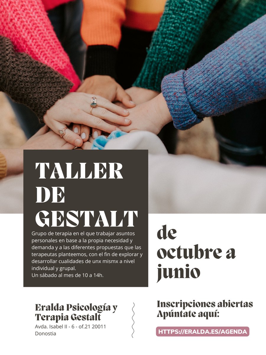 eraldagestalt's tweet photo. Poniendo en marcha el grupo de terapia 🪀 con perspectiva feminista 💜 de frecuencia mensual, un sábado al mes de 10 a 14h, donde trabajarse asuntos personales de lo individual a lo grupal. + Info:  https://t.co/mPjd1A6jtt ✍️ Las inscripciones están abiertas Anímate y comparte!🌸 https://t.co/G4C4nwPSfb