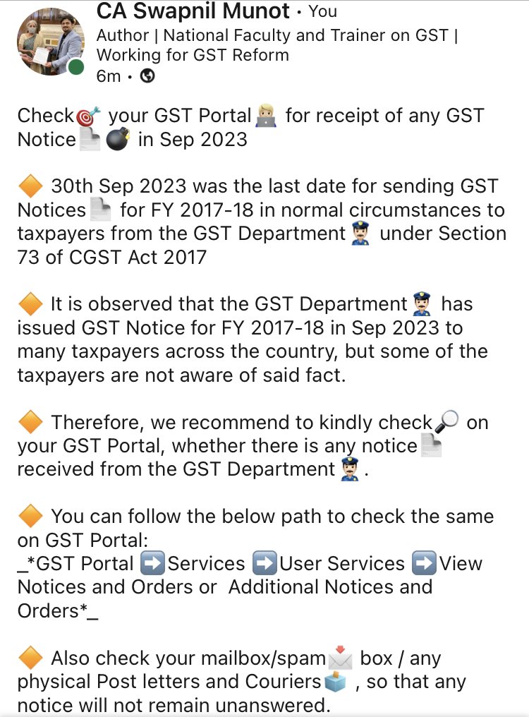 MunotSwapnil's tweet photo. Check🎯 Ur GST Portal🧑🏼‍💻 for receipt of any GST Notice📄💣 in Sep 23
 
🔶 30.9.23 was the last date for sending GST Notices📄 for 17-18 to taxpayers from GST Department👮🏻‍♂️u/s 73 of GST Act  

[To get GST Updates on WhatsApp, join group => https://t.co/NweCGiyvFU ] 

(Message 1/3) https://t.co/bIAepU6TlN