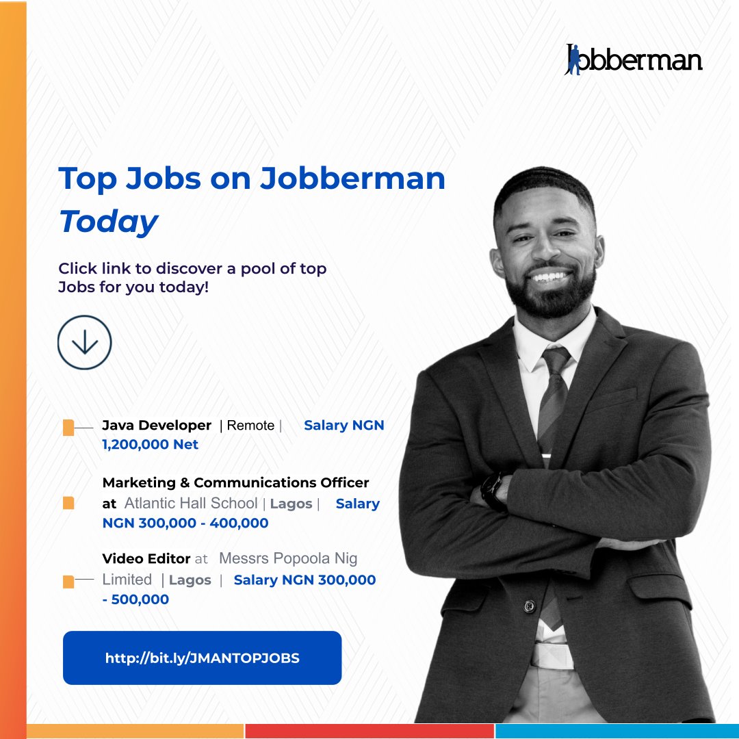 Jobbermandotcom's tweet photo. Explore High-Paying Opportunities on Jobberman Today!💼
Discover a curated list of jobs for Top Professionals spanning various industries.
Take the first step to elevate your career.🚀
Apply Now: https://t.co/vQOVoySf1t
#JobbermanNigeria #CareerOpportunities #JobsonJobberman https://t.co/yBniFNLgtY