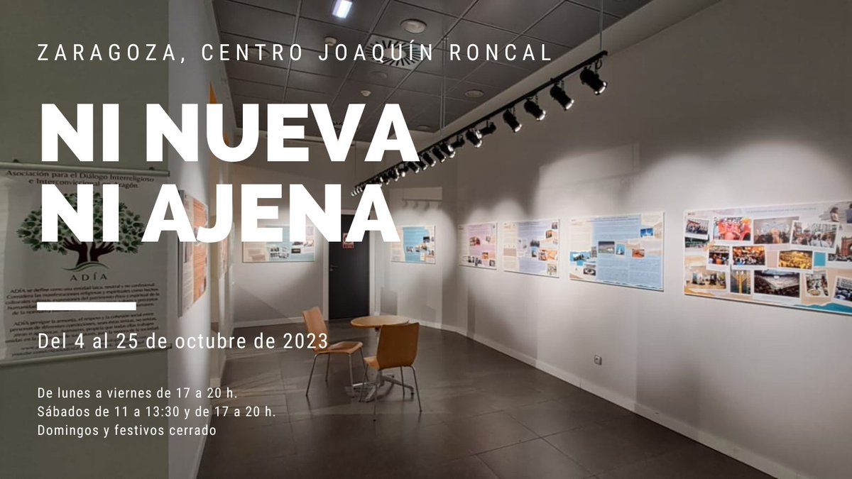 Nueva oportunidad para visitar la expo #NiNuevaNiAjena. Acércate a Zaragoza a conocer la evolución de la libertad religiosa y de la diversidad de creencias en España. ⬇️⬇️

📆del 4 al 25 de octubre
 📍 Centro Joaquín Roncal, Zaragoza