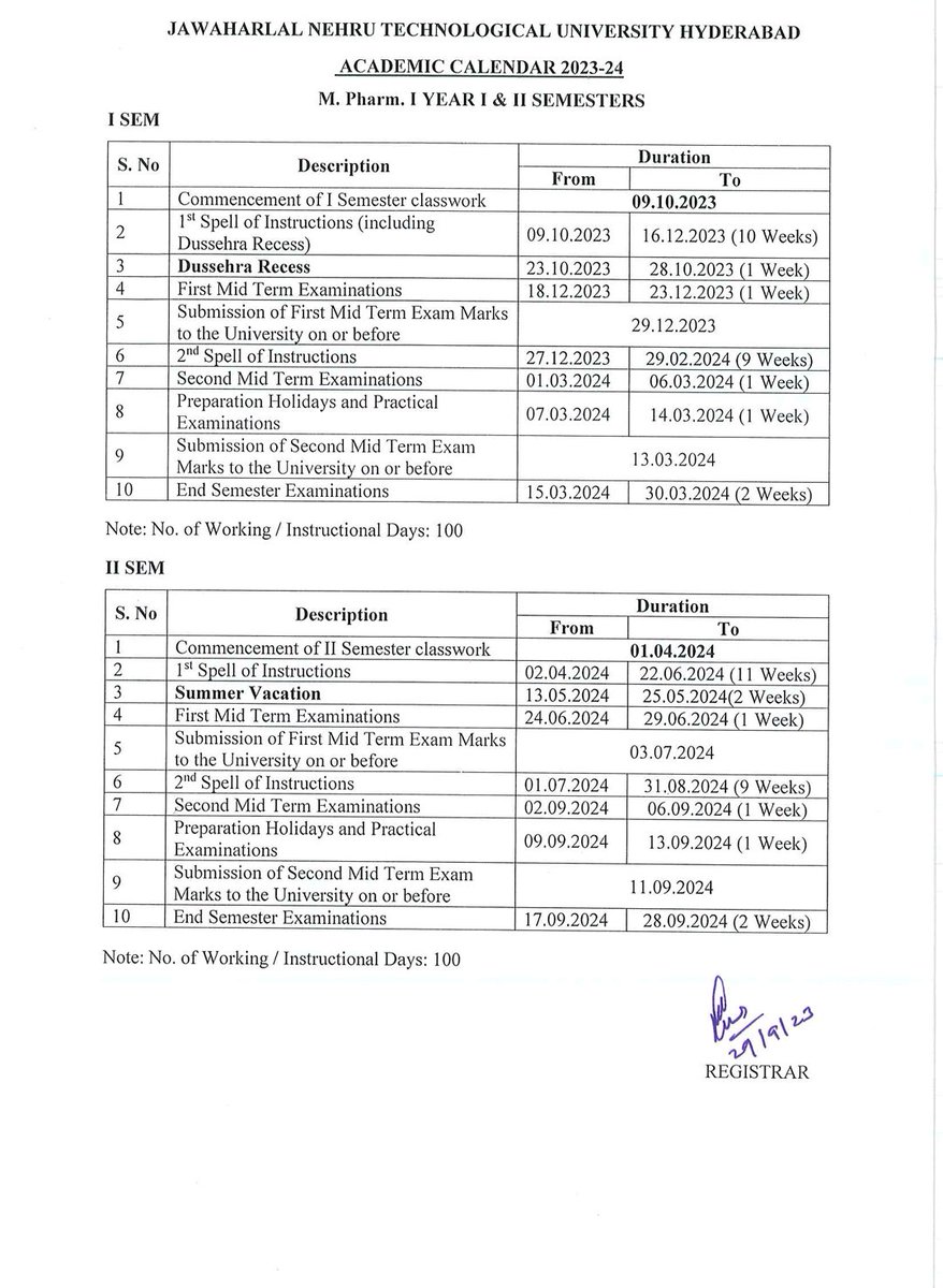examupdt's tweet photo. Academic Calendar M. Tech. And M.Pharm I YEAR I &amp; II SEMESTERS 2023-24 https://t.co/kSBl460iIK