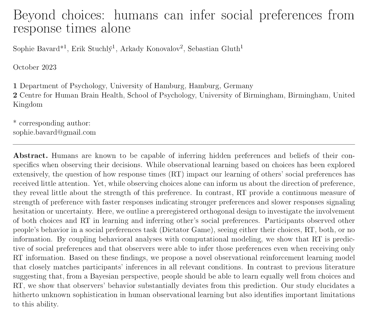 🚀 Fresh Preprint Alert! 🚀 We (w/ @ErikStuchly, @arkadykonovalov & @SebastianGluth) are thrilled to share our work on the impact of response times (RT) on learning others' social preference 👥 main results below, but check out our preprint! 👇 psyarxiv.com/38yrw