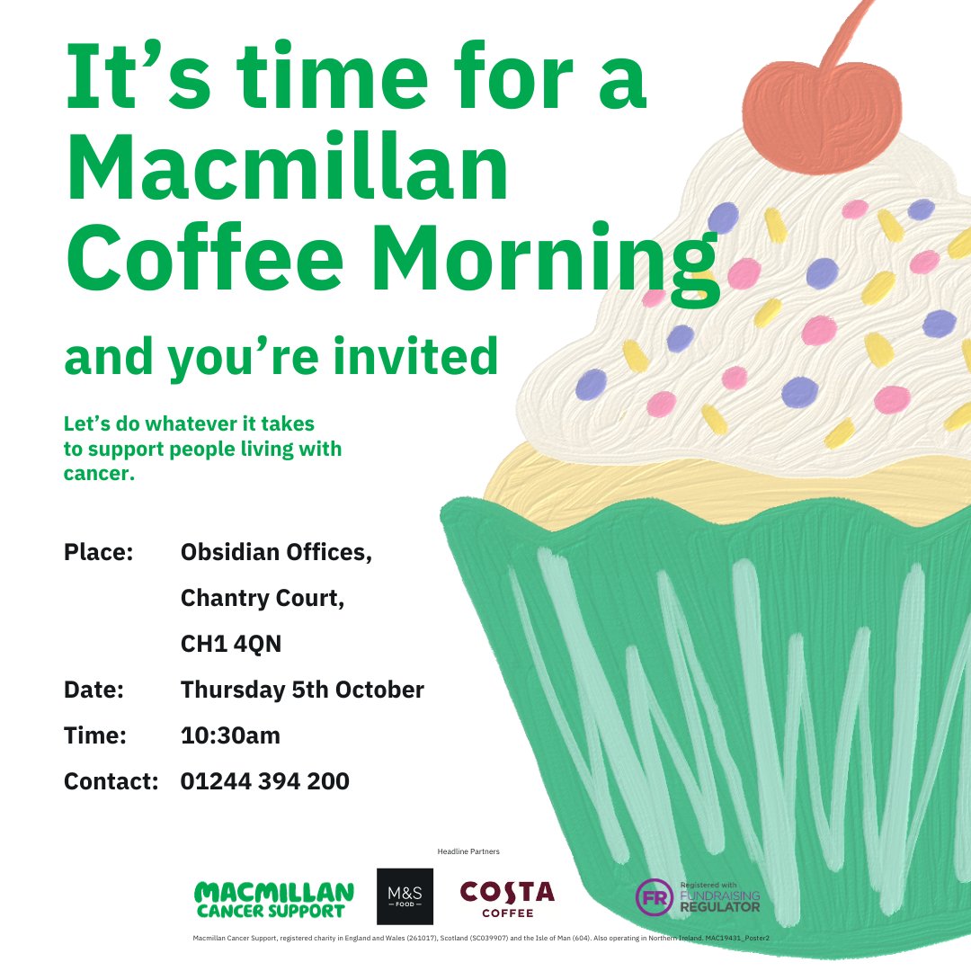 ObsidianOffices's tweet photo. Join us tomorrow,  Thursday 5th October 2023, 10:30am for our Macmillan Coffee Morning, it is a great cause &amp; one we hope to raise lots of money for!
We have lots of fantastic prizes to be won, cake &amp; even the Lord Mayor of Chester coming along!
We hope to see you there! 🍰☕️ https://t.co/fwhk9NzyFu