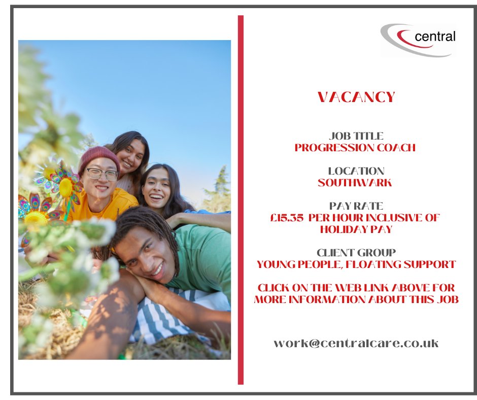 centralcares's tweet photo. Central Care is currently recruiting for Progression Coach to work in Southwark.   

Click the link below or email us for more information ⬇️

🖥️ https://t.co/XS02lclnR2 

📩work@centralcare.co.uk

#jobsearch #vacancy #SocialCare #wednesdayvibes #floatingsupport https://t.co/hVIefduvPA