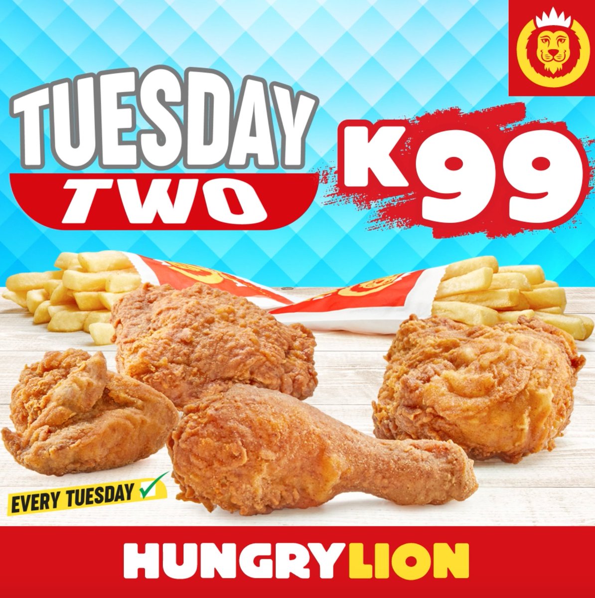 🍗🍟 4x BIGGER pieces & 2x Regular chips for K99... the only question is: Do you share with someone or finish everything on your own? 😉 Grab our TuesdayTwo deal today! 🍗🍟 Available at all stores. Every Tuesday. #HungryLikeALion