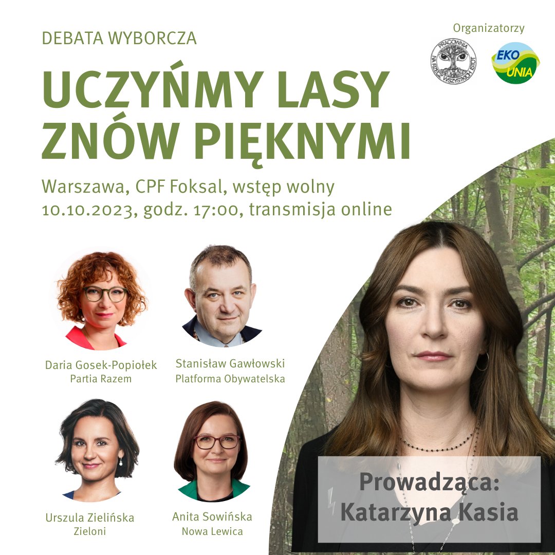 🎙️🌳 Serdecznie zapraszamy na debatę wyborczą poświęconą przyszłości lasów w Polsce pod hasłem „Uczyńmy lasy znów pięknymi”.

⏰ 10 października 2023 r., start 17:00

📍 Centrum Prasowe Foksal
Warszawa, Foksal 3/5

wstęp wolny + transmisja online na stronie wydarzenia: