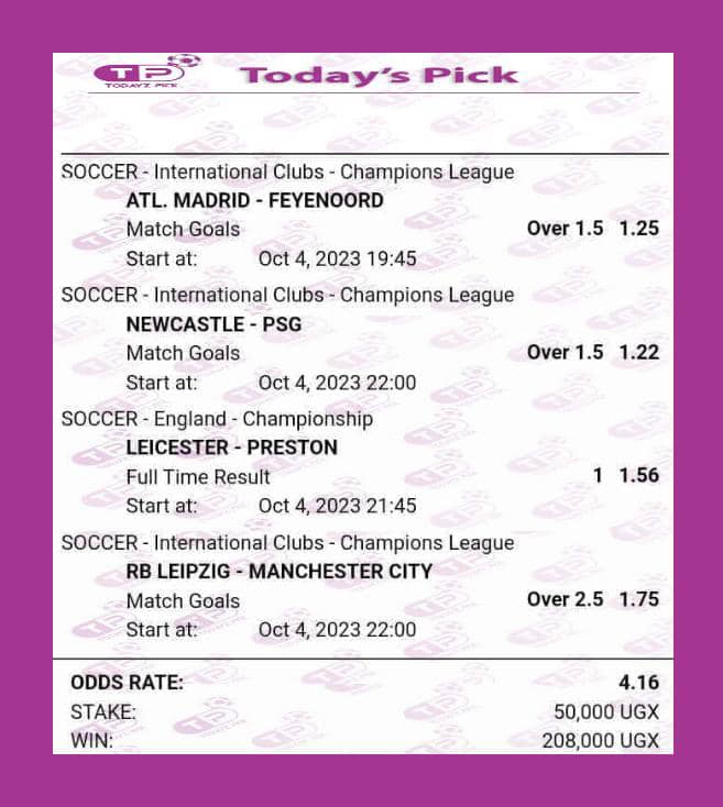 Todayz_Pick's tweet photo. TOTAL ODD: 4.16🔥🔥

Stake:     50,000 UGX
WIN:     208,000 UGX

85% TRUSTED...............

 _"ODDs Always Seem Favourable Until the Game Begins"_  but we Shall NEVER GIVE-UP 💪 https://t.co/rmHLh5CLi3