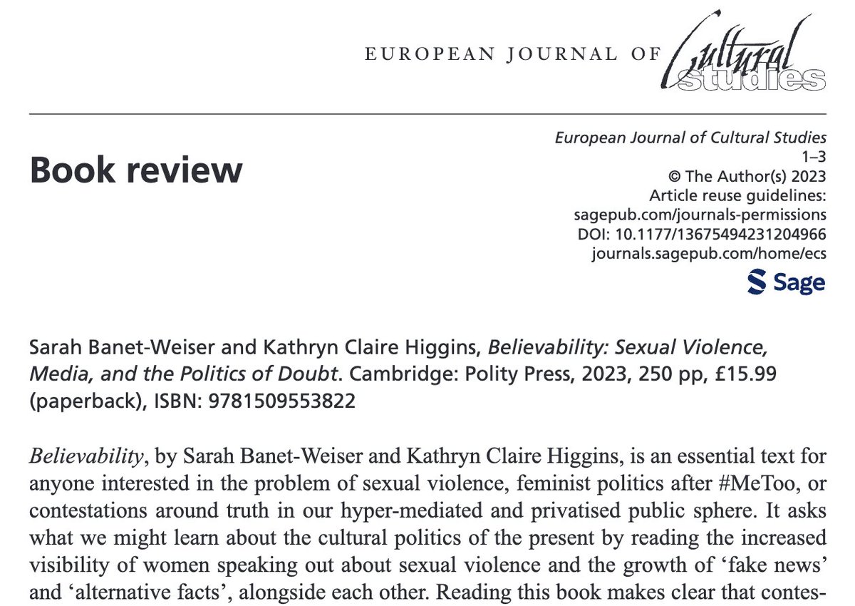 Thanks and admiration to @TanyaSerisier for her intellectually generous review of #Believability for @EJCS_Journal! An incisive summary, with important reflections about how we can, and should, think believability more broadly as a key axis of political resistance 🔗👇