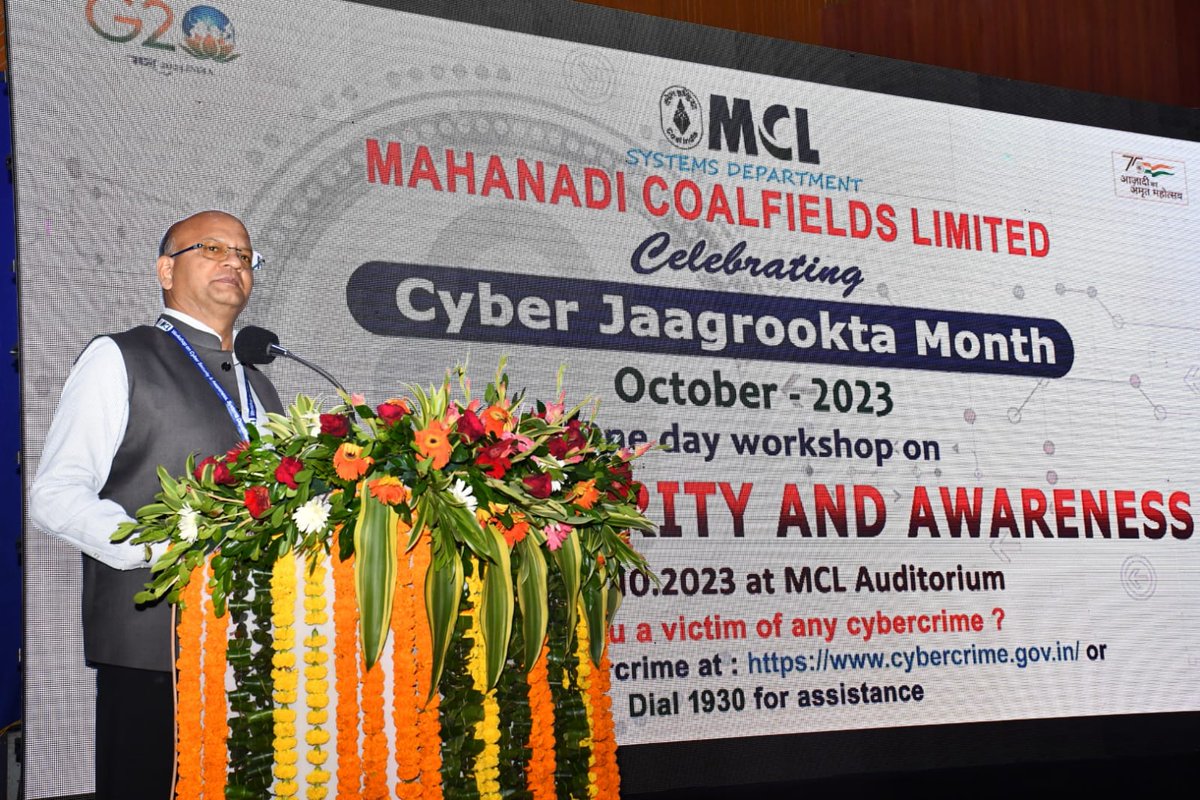 mahanadicoal's tweet photo. A one-day-workshop for employees on #CyberSecurityAwareness was inaugurated by Sh. OP Singh, CMD at MCL HQs, in the presence of Sh.Keshav Rao,DP, Sh. PK Patel, CVO, Sh.JK Borah, DTO, Sh. AK Behura, DF, Sh. AK Bapat,DTPP, &amp; senior officers.  #CybersecurityAwarenessMonth https://t.co/FJFVSXazjA