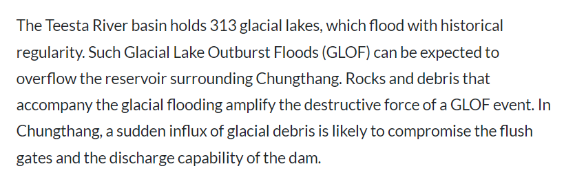 Upadhyay_Cavita's tweet photo. #Sikkim #disaster
This quote from an old article by Tom Clement shows that the 1,200 MW #ChungthangDam was bound to be damaged in a glacial lake breach (see screenshot). 
Article link: https://t.co/msxXA5fs0O https://t.co/5vYEHUEWvb