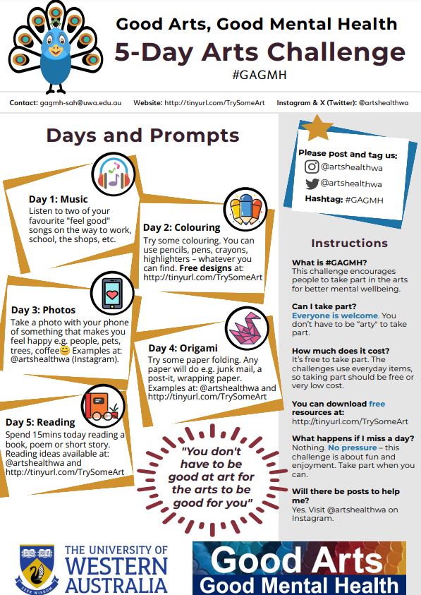 Good Arts Good Mental Health Project (@artshealthwa) on Twitter photo Good Arts, Good Mental Health: Do you have plans for #MentalHealthWeek? Why not try the #GAGMH Arts Challenge. Starts Mon9Oct. The challenge includes #music #colouring #origami #photography #reading See: uwa.edu.au/schools/-/medi…
<a href="/IanPotterFdn/">IanPotterFoundation</a> <a href="/minderoo/">Minderoo Foundation</a> <a href="/AlumniUWA/">UWA Alumni</a> <a href="/UWAresearch/">UWA Research</a> Good Arts, Good Mental Health: Do you have plans for #MentalHealthWeek? Why not try the #GAGMH Arts Challenge. Starts Mon9Oct. The challenge includes #music #colouring #origami #photography #reading See: uwa.edu.au/schools/-/medi…
<a href="/IanPotterFdn/">IanPotterFoundation</a> <a href="/minderoo/">Minderoo Foundation</a> <a href="/AlumniUWA/">UWA Alumni</a> <a href="/UWAresearch/">UWA Research</a>