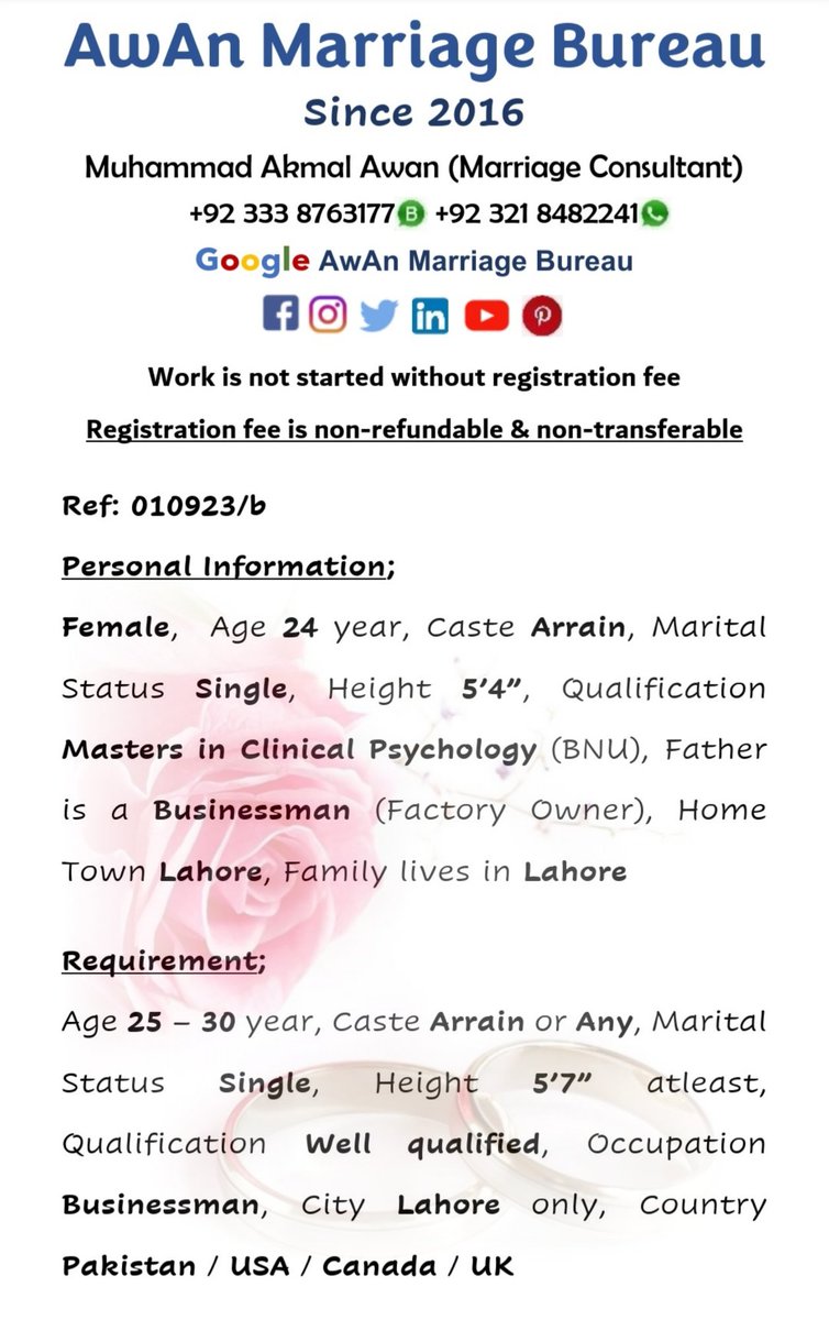 AwAnMarriage's tweet image. #Female #24Year #Arrain 
#Single #5feet4inch 
#Sunni #Muslim
#Masters #ClinicalPsychology #BNU
#Lahore #Pakistan 
#AMB #Registered