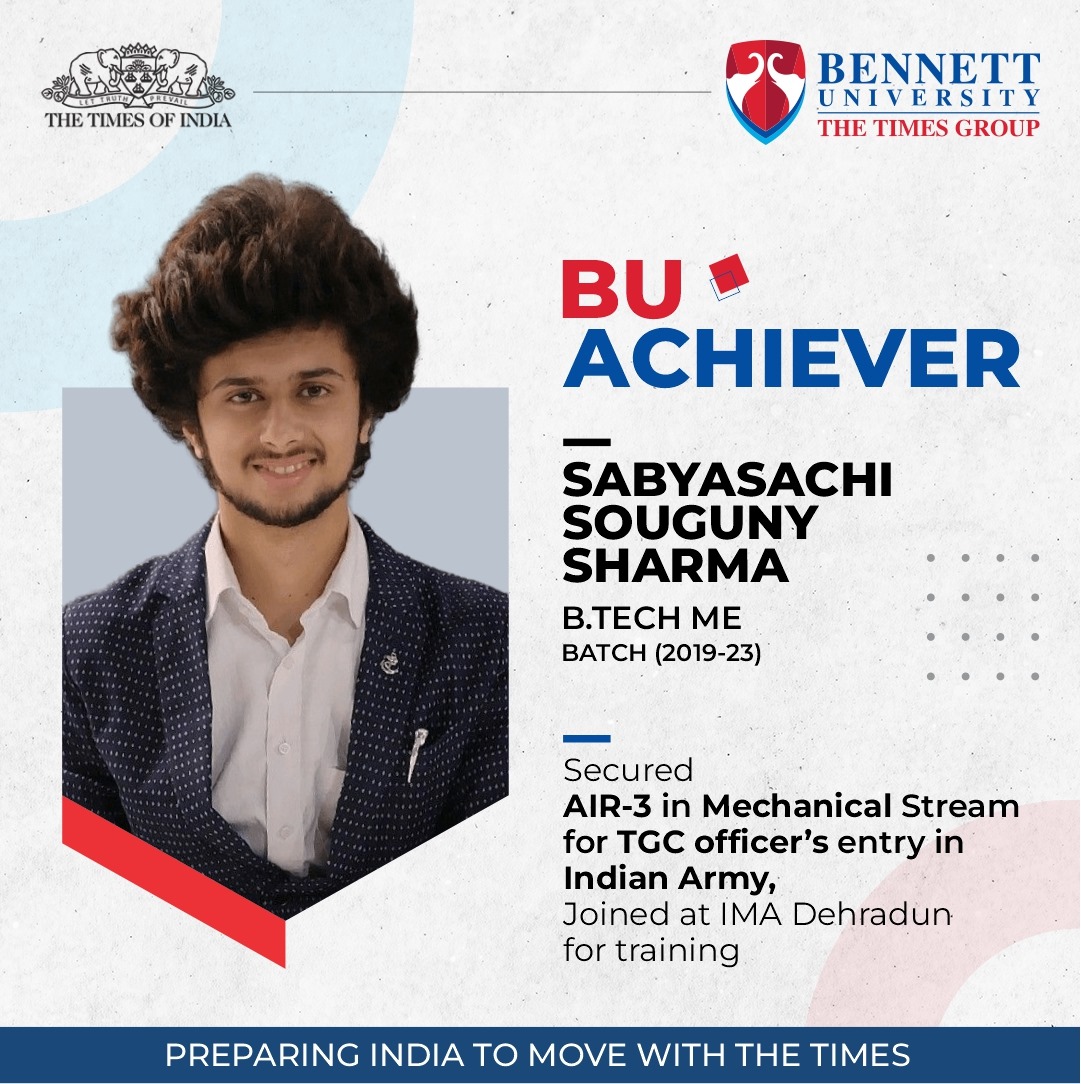 bennettuniv's tweet image. Bennett University celebrates the remarkable achievement of Sabyasachi Souguny Sharma, B. Tech ME batch 2019-23. He has secured AIR-3 in the Mechanical Stream for TGC Officer&apos;s entry in the Indian Army.
#BennettUniversity #BUAchiever #BTechME #SuccessStory #IndianArmy