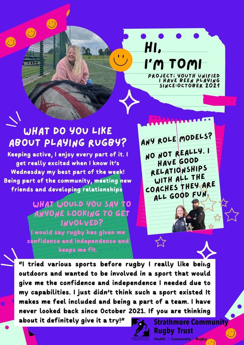 StrathCommTrust's tweet photo. Our next feature for Scottish Women and Girls in Sport Week is the wonderful Tomi! She's been with us since we started Youth Unified and is an absolute joy to have at the sessions!

#SheCanSheWill #swgisw #DevelopingPeopleThroughRugby https://t.co/HZqthjyZ2R