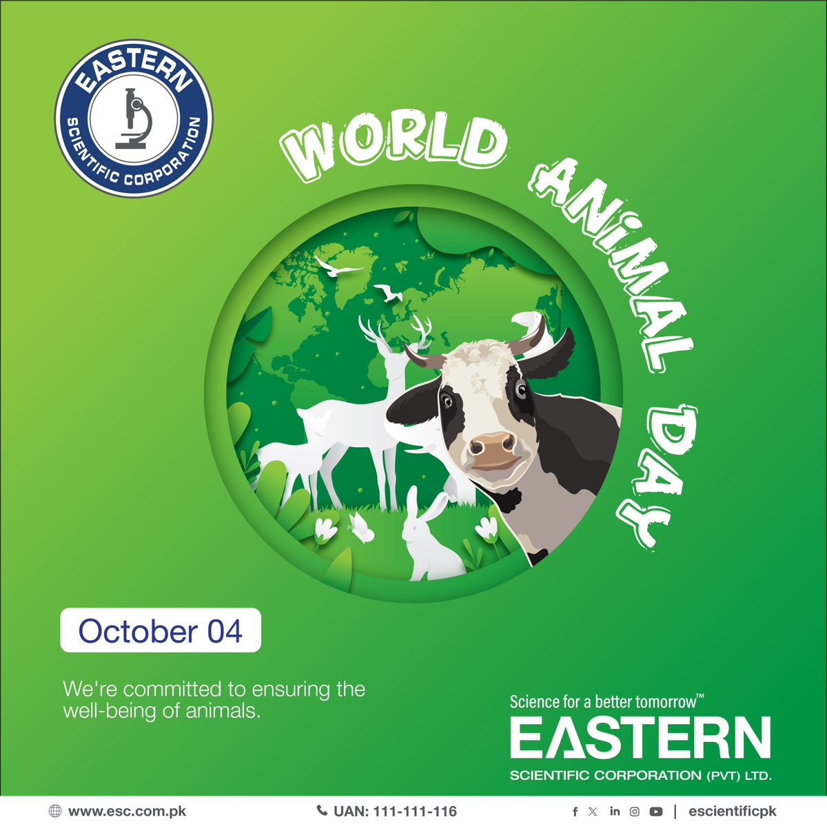WORLD ANIMAL DAY is observed to make the world a better place for animals. Be part of the movement to raise the welfare standards of all animals around the globe.
#EasternScientificCorporation #escientificpk #WorldAnimalDay #AnimalHealth #VetrinaryCare #RapidTest #AnimalDiseases