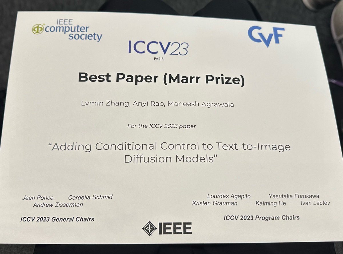 raoanyi's tweet image. Huge thanks and congrats to my coauthors @lvminzhang @magrawala #ControlNet for winning the Marr Prize /best paper award @ICCVConference #ICCV2023 Join us this afternoon at Oral 1:30 PM “Paris Sud” and Poster 2:30~4:30 PM “Foyer Sud 156”