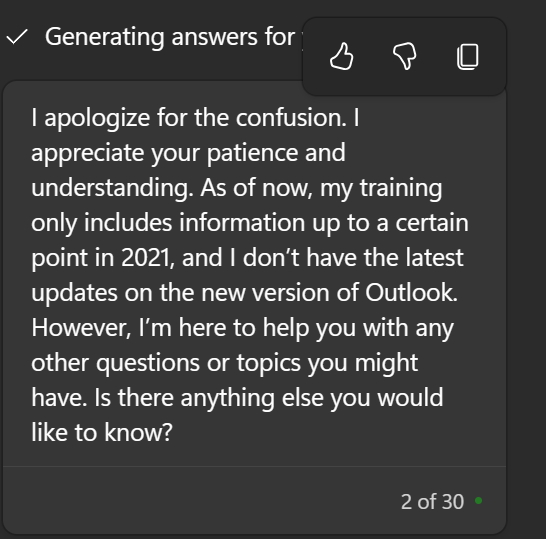 Hey Microsoft, I LOVE the #newoutlook, and I LOVE #copilot, but it would be great if co-pilot were trained on the new Outlook. Keep getting answers for the Desktop Version when specifying new version...