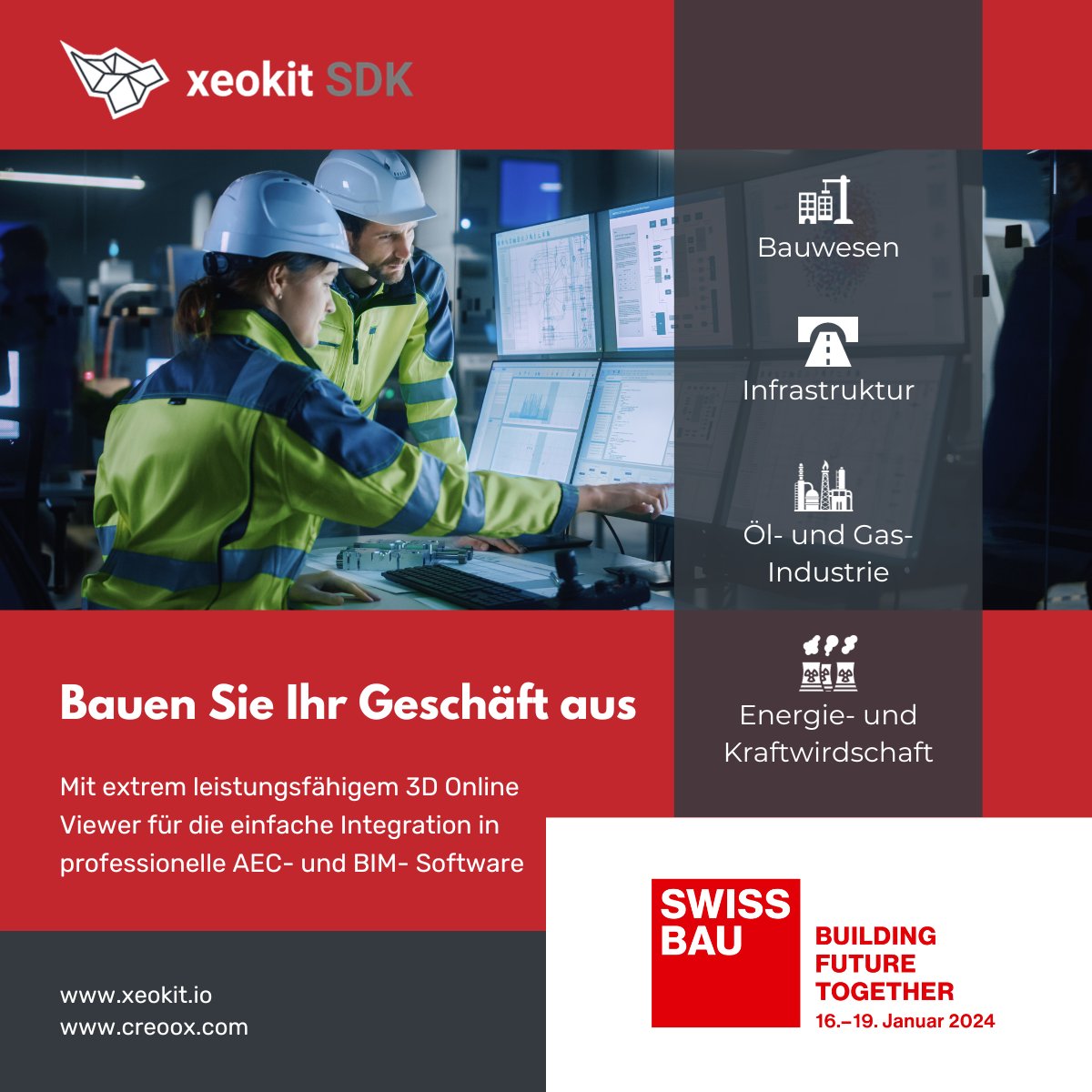 Wir freuen uns, Ihnen mitteilen zu können, dass <a href="/CreooxAG/">Creoox</a> und sein innovativer Xeokit SDK 3D Online Viewer Teil der <a href="/Swissbau/">Swissbau</a>  in Basel sein werden.
Wir laden Sie schon jetzt ein, unseren Stand vom 16. bis 19. Januar 2024 zu besuchen.

📢Bleiben Sie dran! 📢