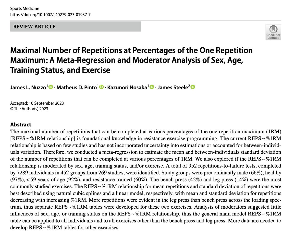 JamesLNuzzo's tweet image. NEW: We updated the REPS-%1RM table that has been printed in the NSCA textbook for ~20 years

One table for leg press
One table for bench press
One table for all other exercises

Published #OpenAccess @SportsMedicineJ 
Authors:@MatheusdPinto @JamesSteeleII
link.springer.com/article/10.100…