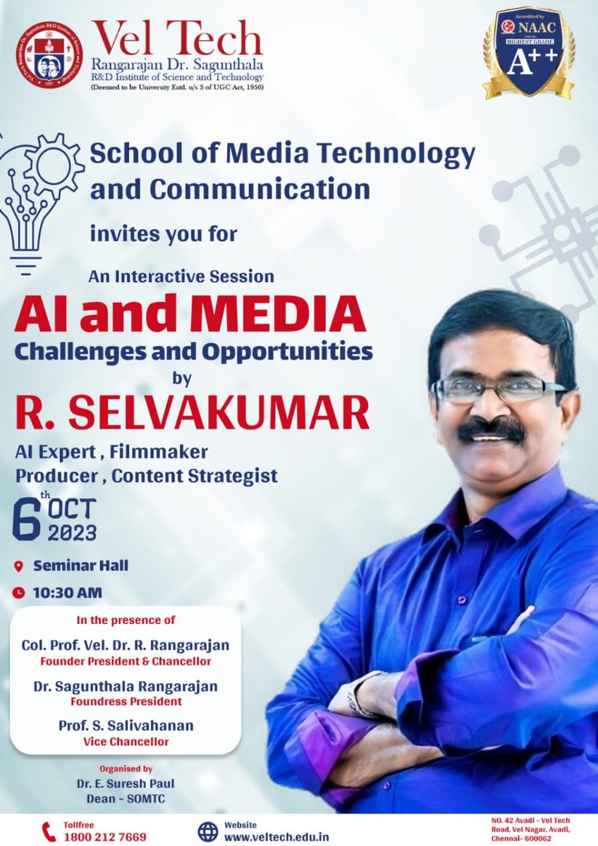 #AI journey continues.
Excited to conduct an interactive session at #Veltech! 📚🤖 The discussion will focus on endless   opportunities and intriguing challenges created by AI.   🌐📰 #AIandMedia #HelloAI #SOMTC