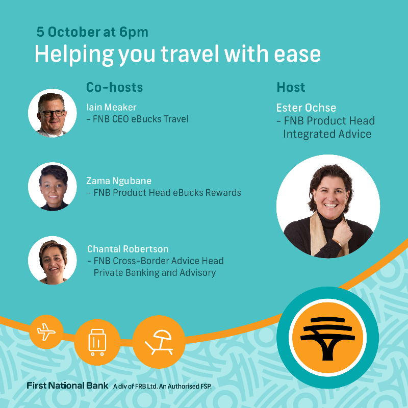 FNBSA's tweet photo. ✈️Travel can be stressful, however, FNB has a range of travel solutions 📱💶to make your holiday 🏖️ more relaxing 😌.

On Thursday, 5 October we are joined by FNB travel experts to discuss these solutions. Join in by sending in your questions using #FNBSpaces

#FNBSpaces #LoveFNB https://t.co/G4VBwldO22