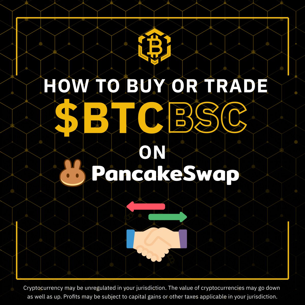 Bitcoinbsctoken's tweet photo. A quick guide on how to buy/trade on @PancakeSwap 🚀

1️⃣ Choose BSC-compatible wallets like @TrustWallet or @MetaMask.

2️⃣ Visit the #PancakeSwap website and connect your wallet.

3️⃣ Swap $BNB for $BTCBSC.

4️⃣ Confirm transaction details and ensure you have enough funds to cover gas fees.

5️⃣ Approve it in your wallet if needed.

6️⃣ Check for a BSC confirmation via explorers like BscScan.

Happy trading! 🪙
