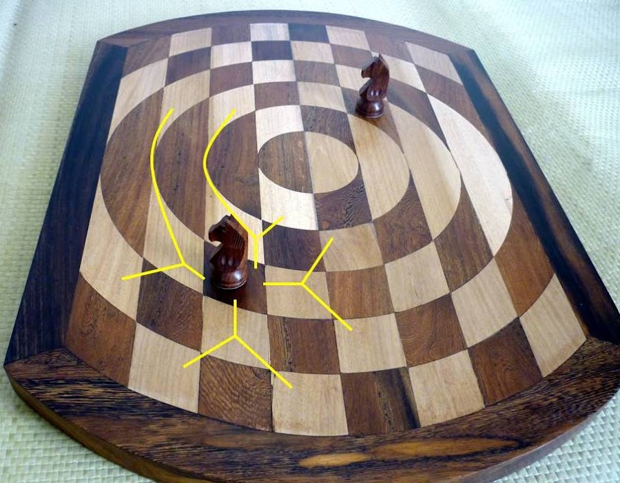 chessinstories's tweet photo. A variant of chess called "Singularity Chess" is played on a board distorted in the center. Due to the distortion, some pieces can make U-turns, attack the same square multiple ways, and bishops can change square colors. https://t.co/RyXXPdHsbj
